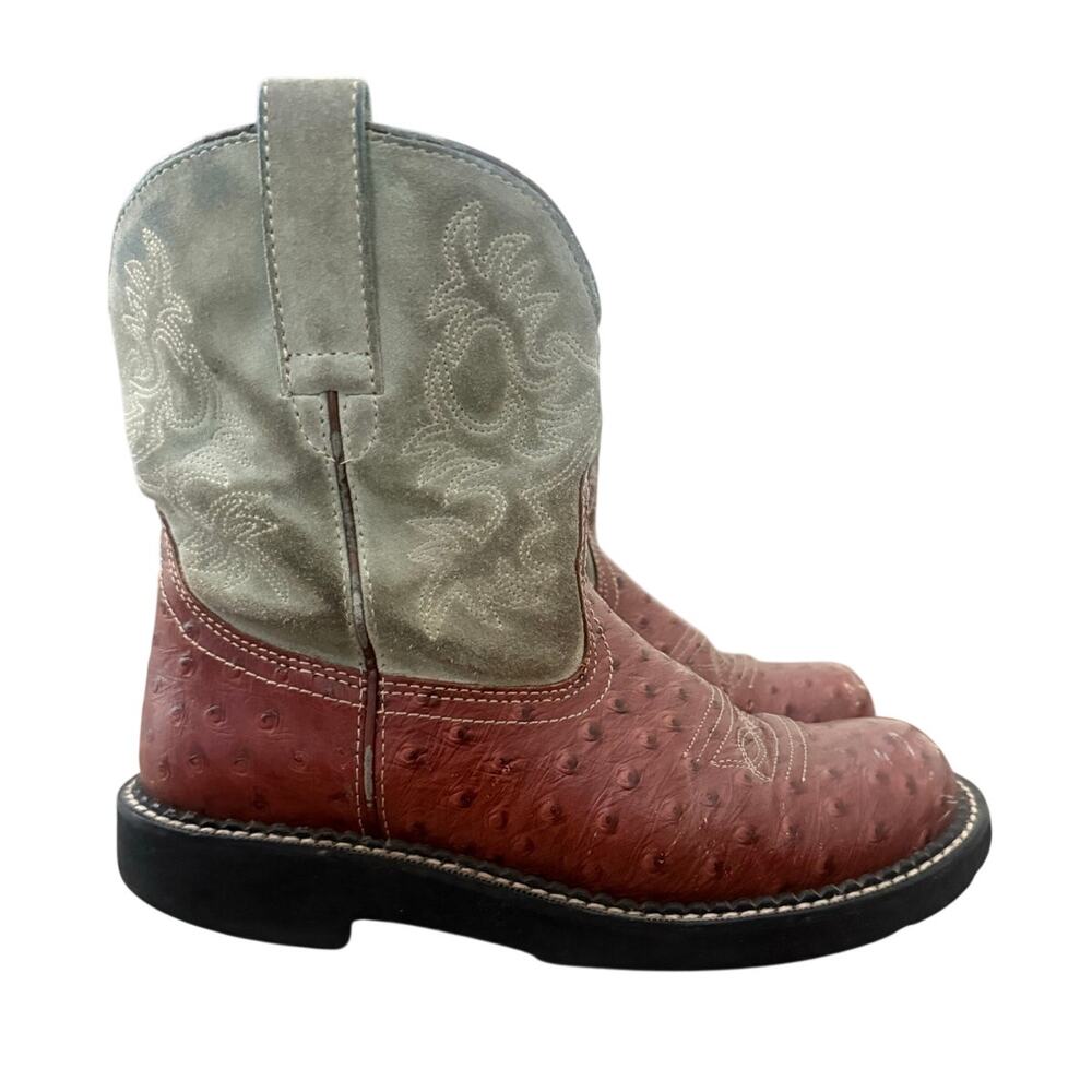 Ariat Fatbaby Original Ostrich Print Cowboy Boots Womens Sz 8.5 Brown Sage Green